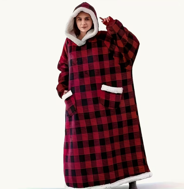 加厚保暖连帽衫法兰绒超长可穿戴毛毯女士男士