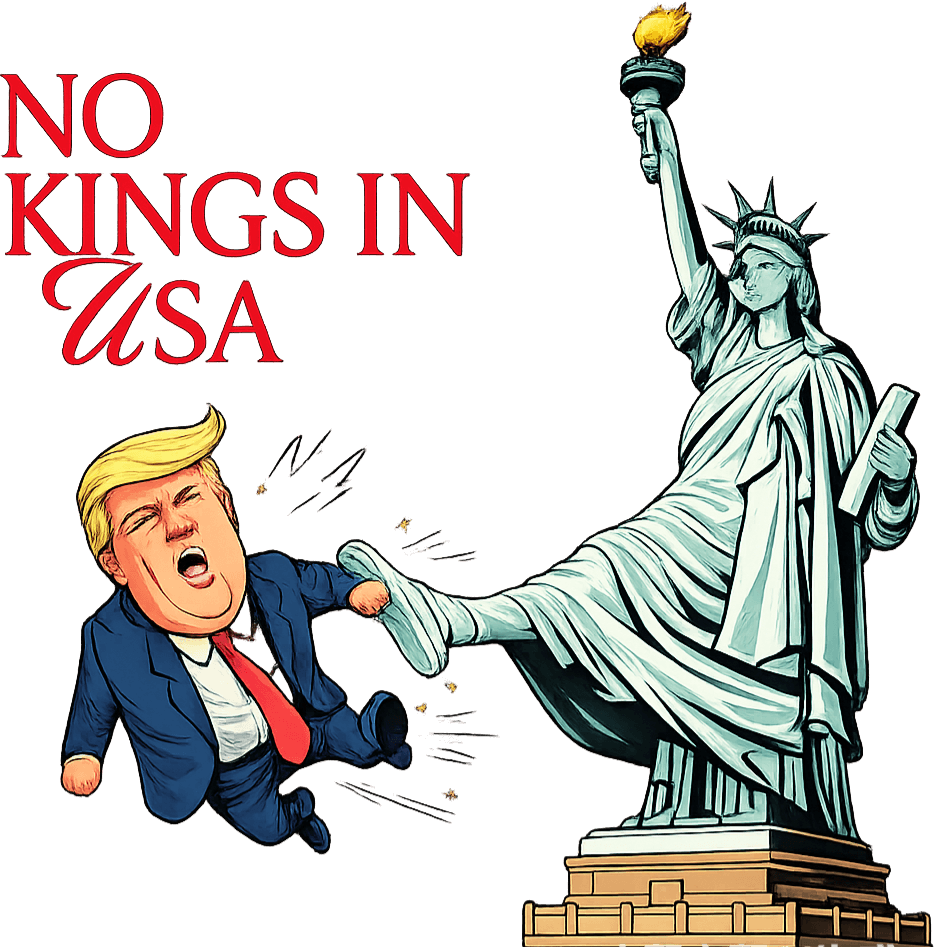 NO KINGS IN USA - STATUE OF LIBERTY KICKING OUT THE FUMP 
