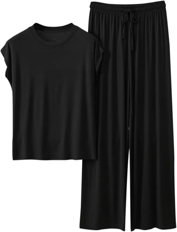 Pant Sets Women 2 Piece Outfits Casual Loose Short Sleeve Pullover Tops And Wide Leg Pants Lightweight Lounge Set